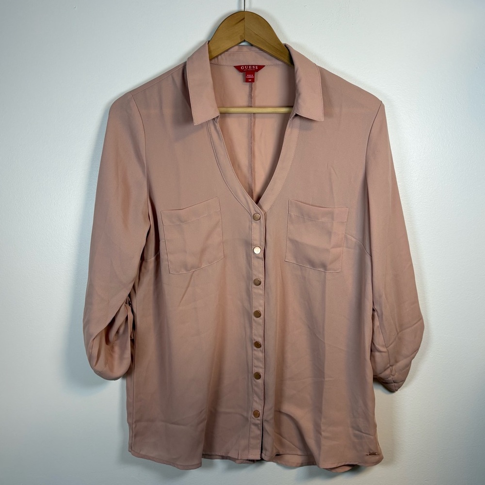 Guess Women’s Pink Long-sleeved Button-Up Blouse Size Medium, V Neck, Collar